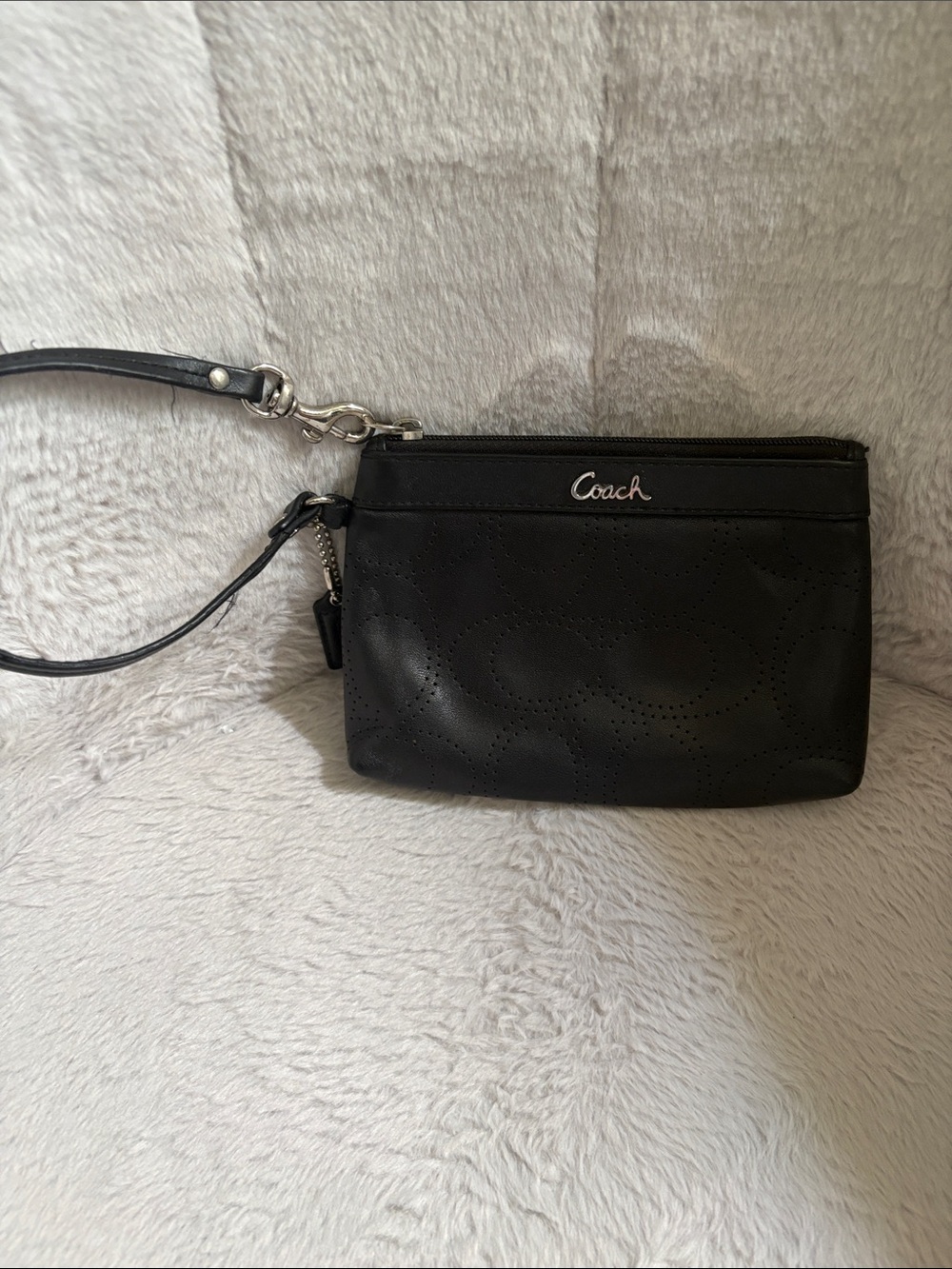 Coach Black Perforated Leather Wristlet with Silver Logo
